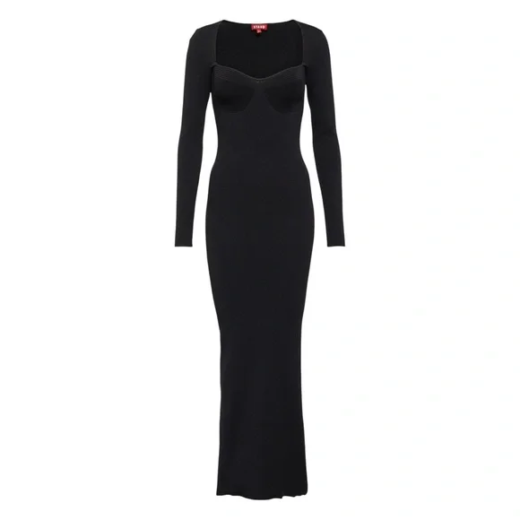 STAUD Silhouette Long Sleeves Ribbed-Knit Maxi Dress, Black, XS
